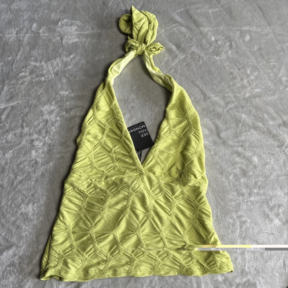 Pink Rose NEW Halter Crop Top Women Sz M Lime Green TexturedV-Neck Tie Stretch
